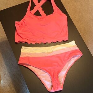 Scalloped High-Waist Two-Piece Bikini Set - Coral Pink - Size L BNWT
